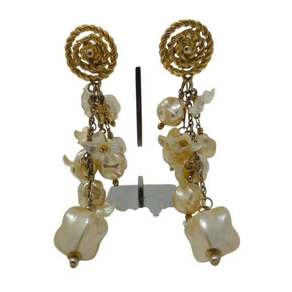 Large Vintage Runway Statement Gold Swirl & Floral Pearl Beaded Dangle Earrings - Picture 6 of 12